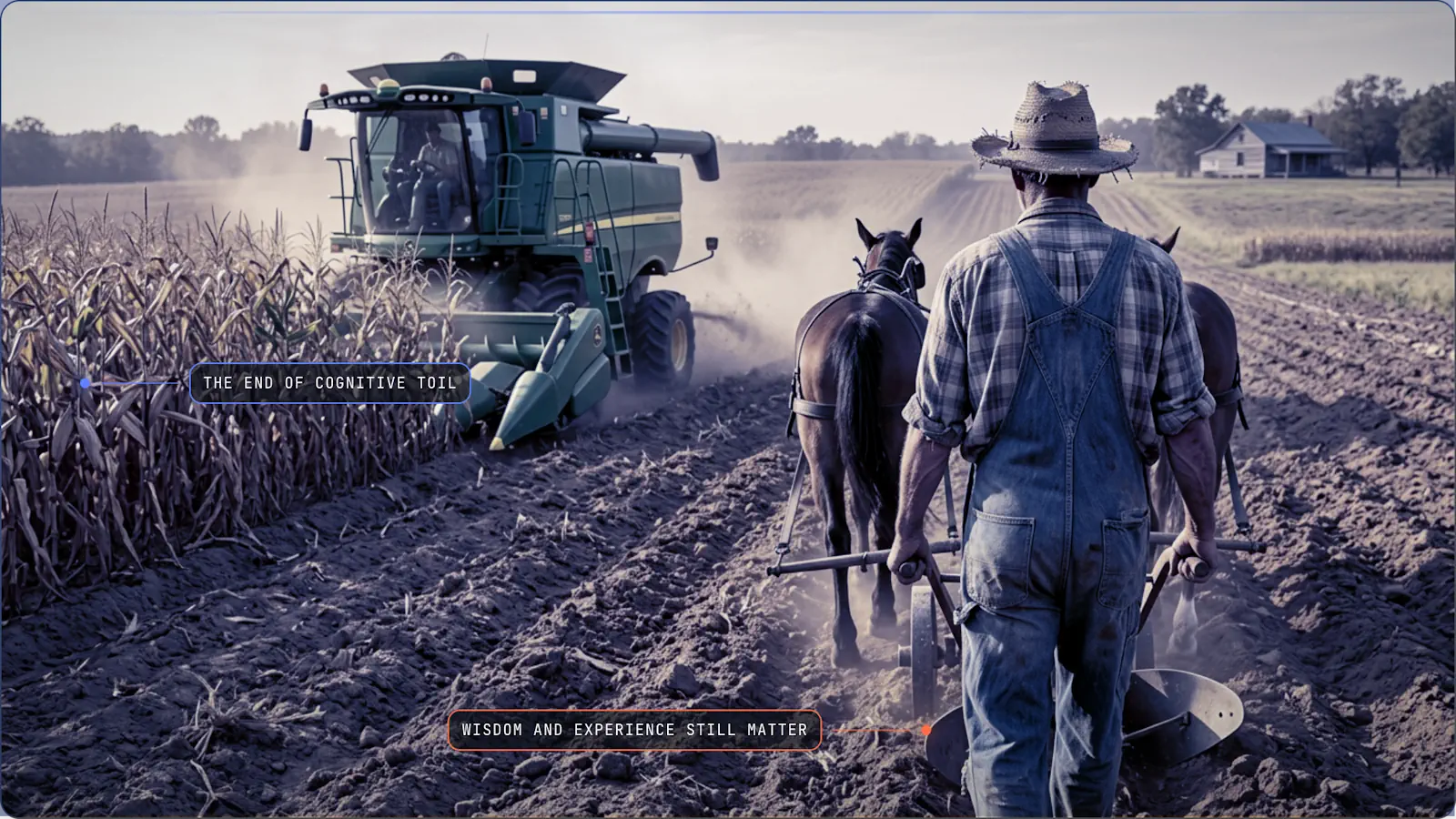 A farmer using a horse-drawn plow faces a modern combine harvester, labeled “The end of cognitive toil” and “Wisdom and experience still matter.”