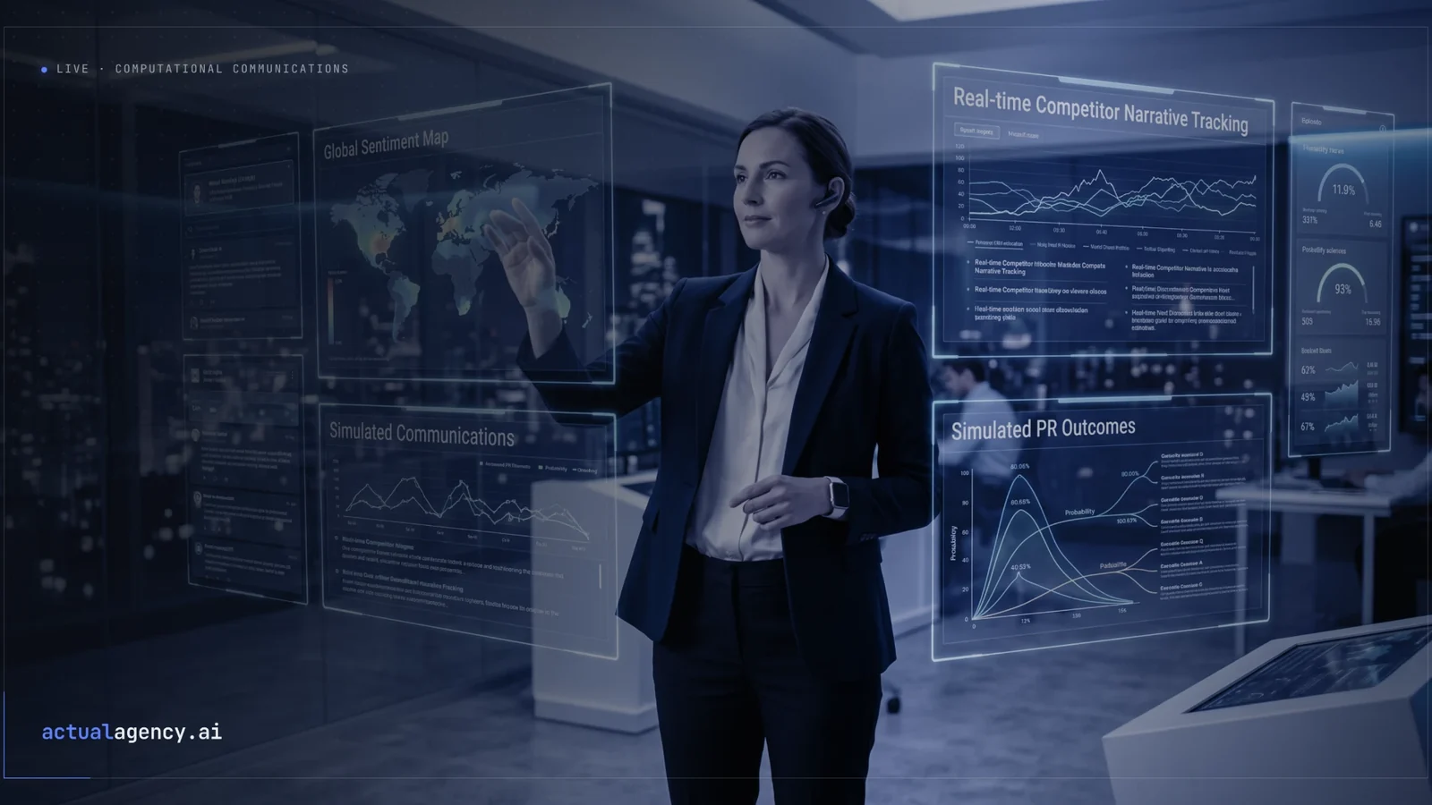A communications leader works in front of large translucent screens showing a global sentiment map, real-time competitor narrative tracking and simulated PR outcomes.