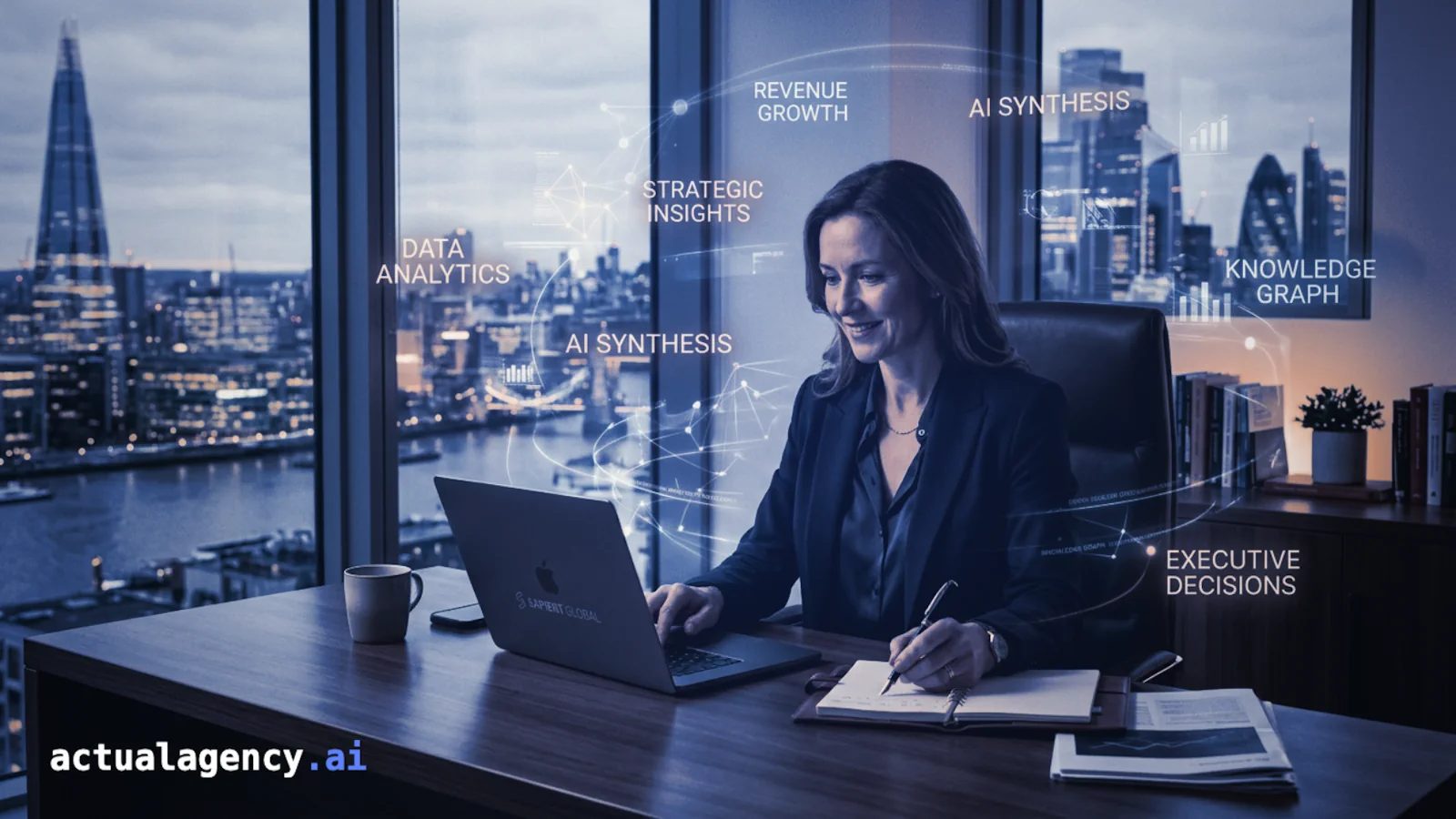 An executive works at a laptop overlooking London, surrounded by graphics connecting data analytics, strategic insights, AI synthesis, and executive decisions.