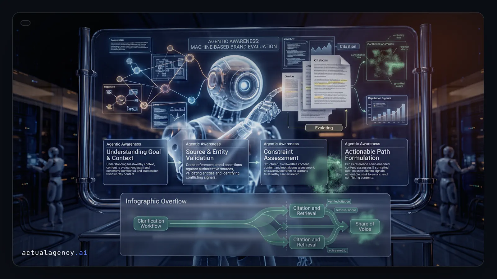 A robot surrounded by connected information panels illustrates how AI agents gather context, evaluate sources, and interpret brand information.